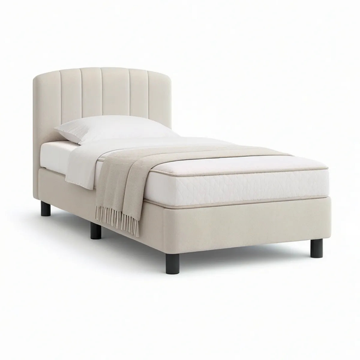 Twin Upholstered Platform Bed with Curved Channel-Tufted Headboard, Beige/Black, 41 x 80 x 48 in