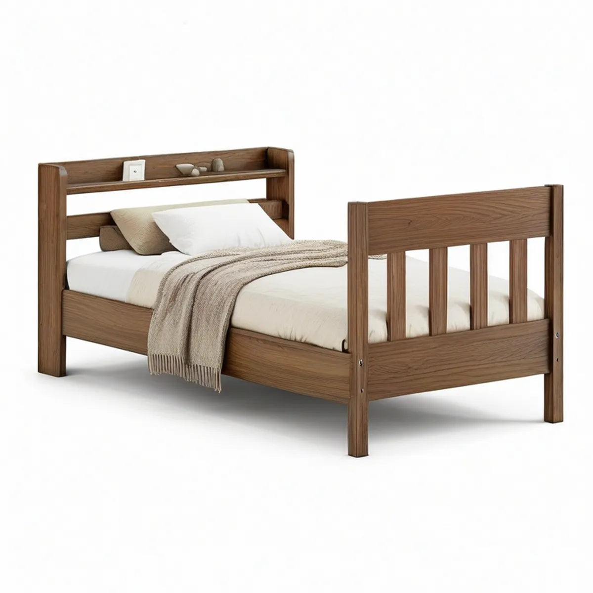 Twin Solid Rubberwood Bed Frame with Storage Headboard, Walnut Brown, 78 x 41.5 x 45.5 in