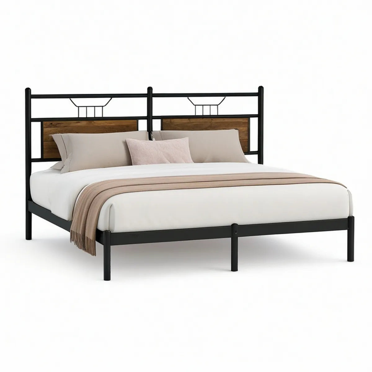 Queen Metal Platform Bed Frame with Brown MDF Headboard Panels, Black/Brown, 82 x 62 x 41 in