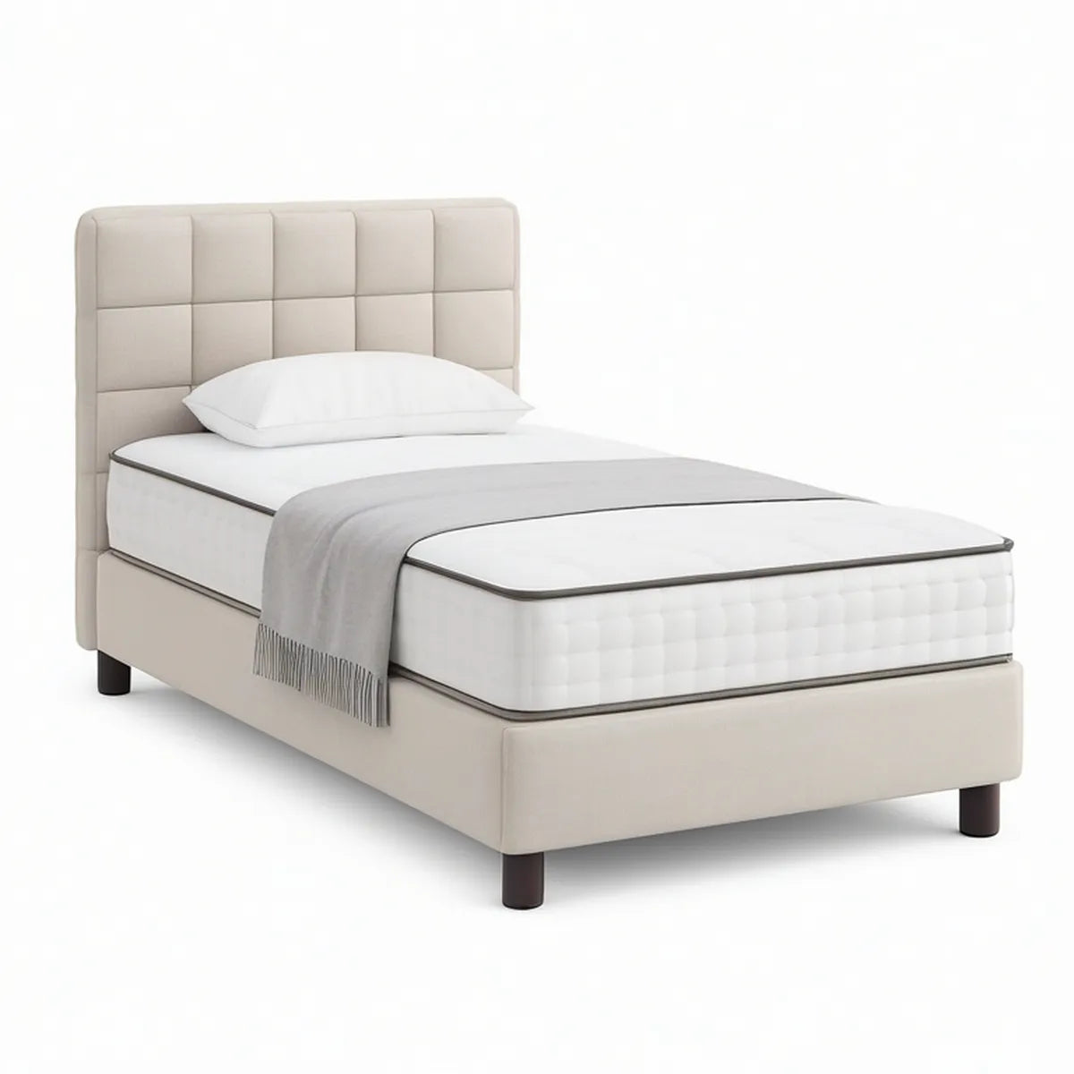 Twin Upholstered Bed Frame with Tufted Headboard, Beige/Dark Brown, 80 x 42 x 46 in