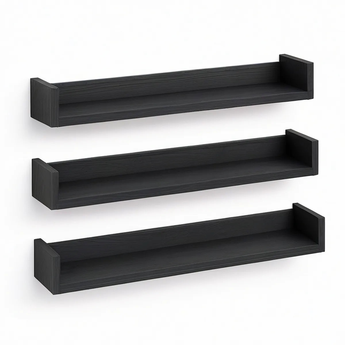 Set of 3 Black MDF Floating Wall Shelves, 15.7 x 4.3 x 3.9 in Each