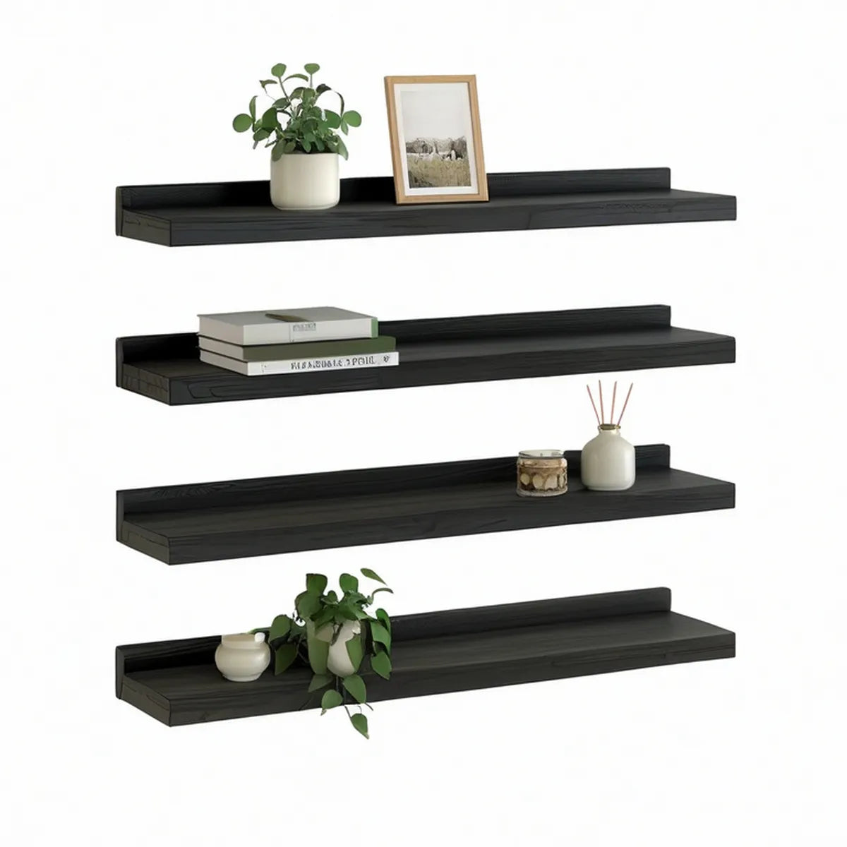 Set of 4 Black Solid Paulownia Wood Wall-Mounted Display Ledges, 23.6 x 5.9 x 2.8 in Each