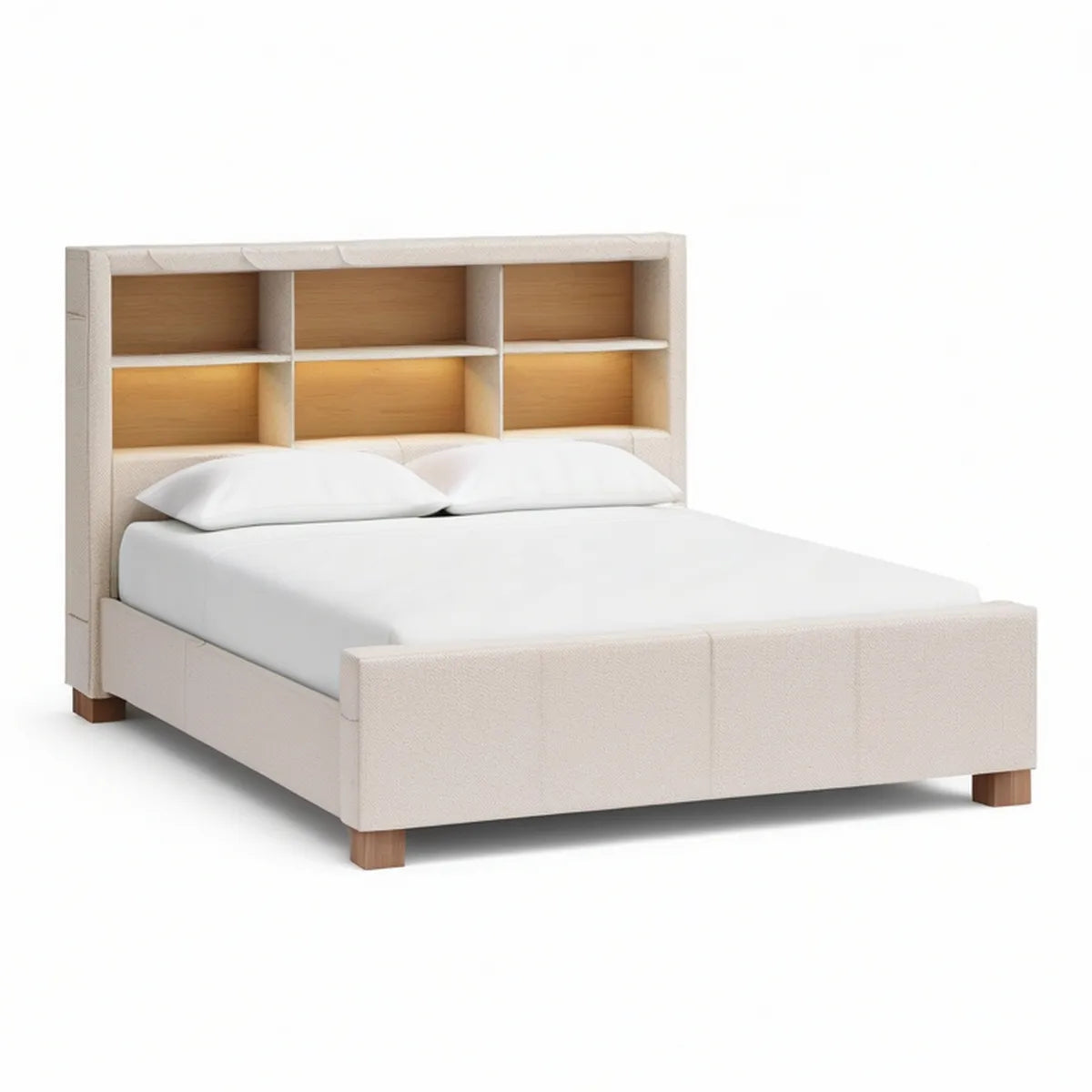 Queen Upholstered Platform Bed Frame with 6-Compartment Storage Headboard, Beige/Brown/Natural, 64 x 86 x 60 in