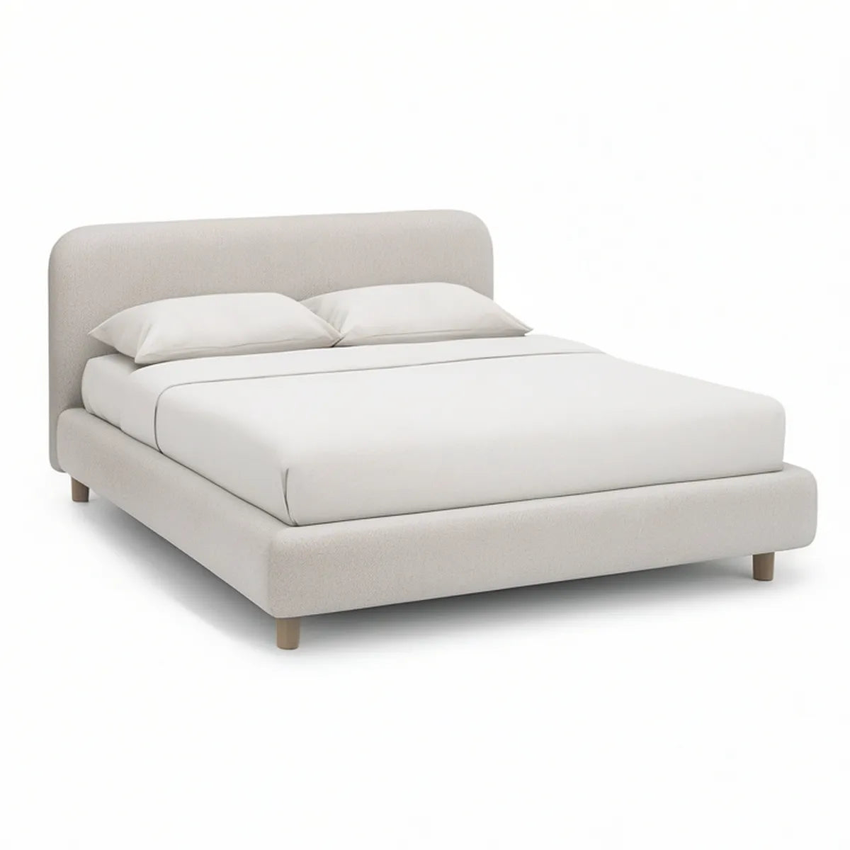 Queen Ivory Upholstered Platform Bed Frame with Headboard, 64 x 86 x 44 in