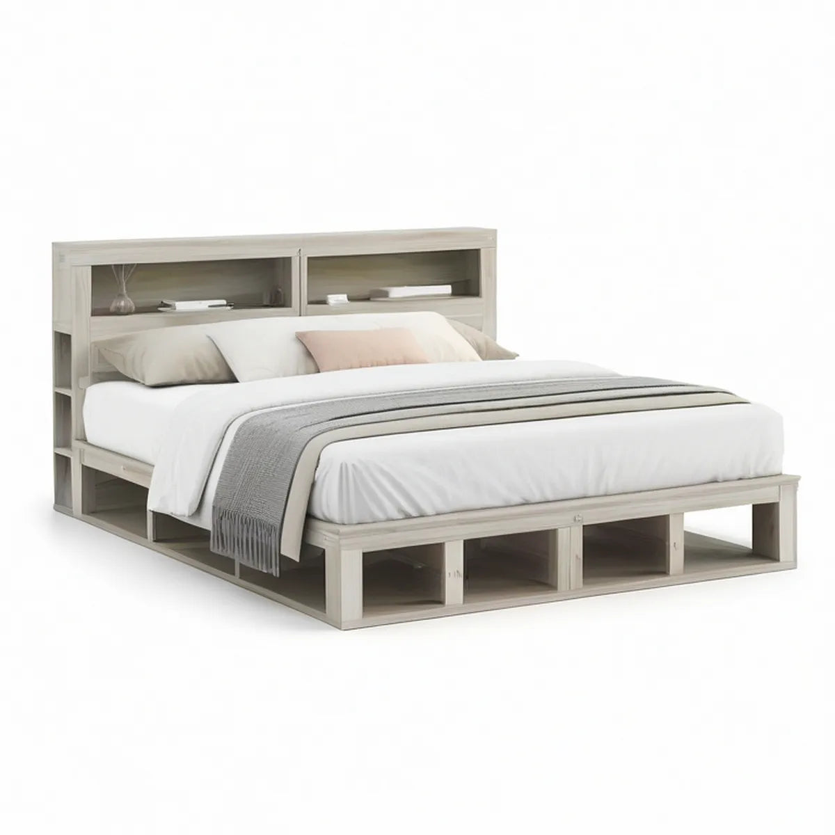 Queen Storage Bed Frame with Bookcase Headboard, Light Gray, 64 x 89 x 48 in