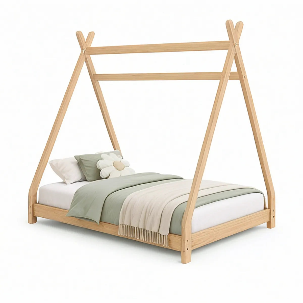 Twin A-Frame Tent Bed, Solid Pine Wood, Natural, 80 x 44 x 72 in