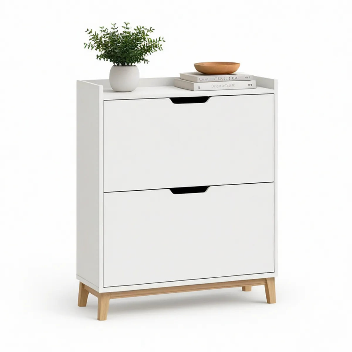 White and Natural Wood Shoe Storage Cabinet with 2 Tilt-Out Drawers, 31.5 x 9.4 x 39.4 in