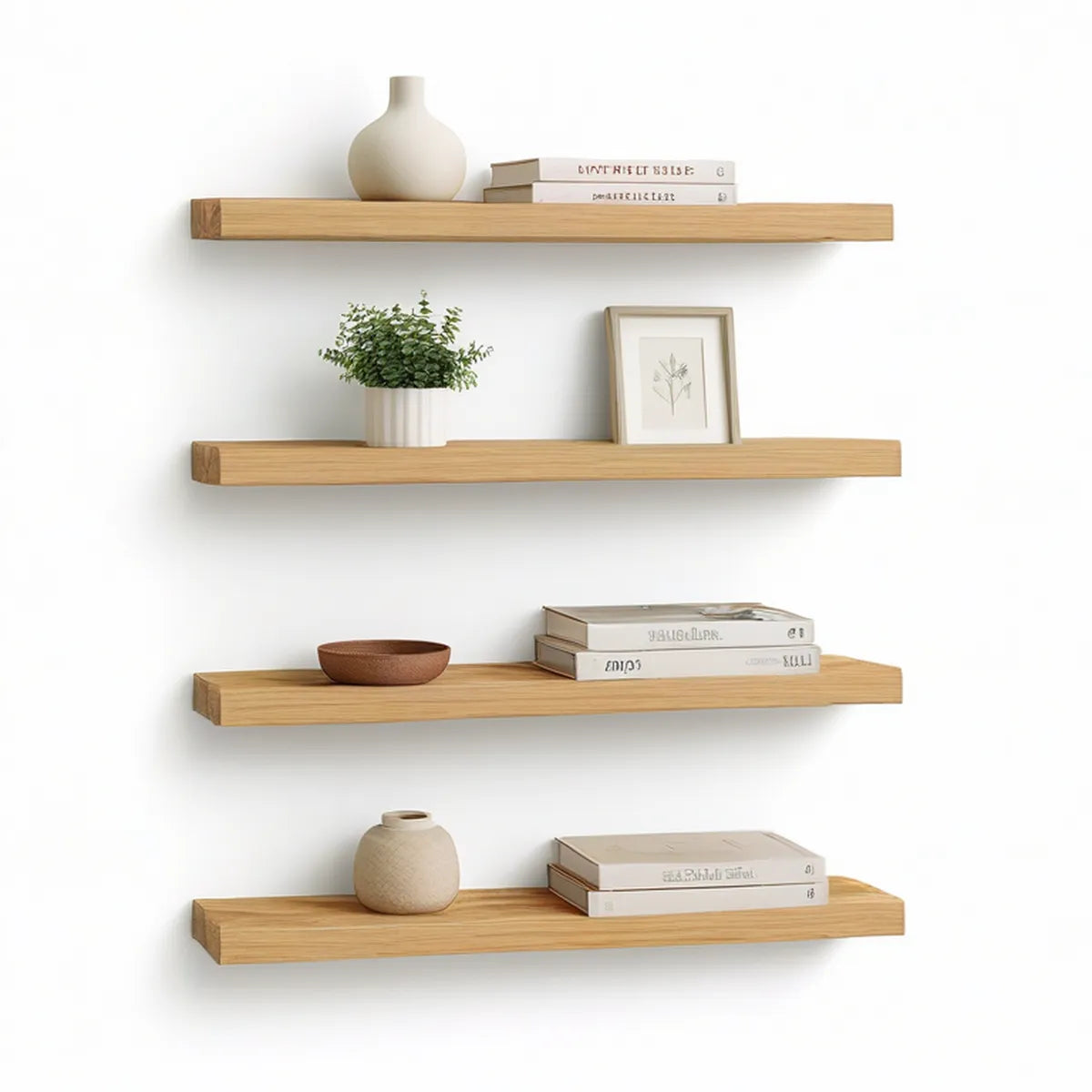 Set of 4 Natural Oak Floating Wall Shelves, 31.5 x 7.9 x 1.6 in