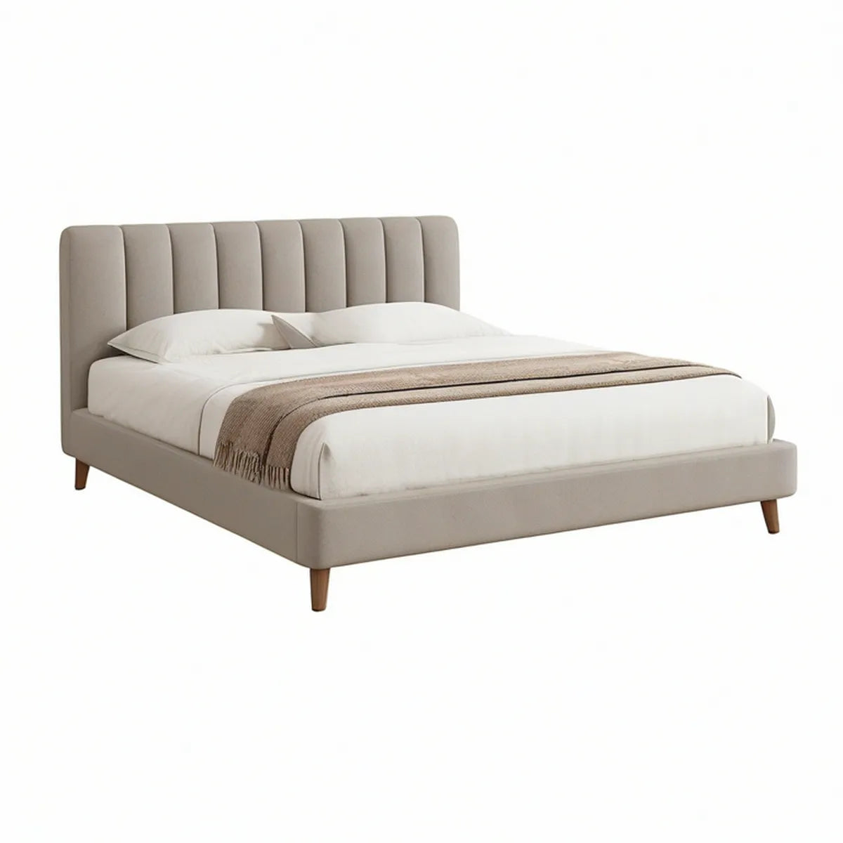 Queen Beige Upholstered Platform Bed Frame with Channel-Tufted Headboard, 64.5 x 86 x 50 in