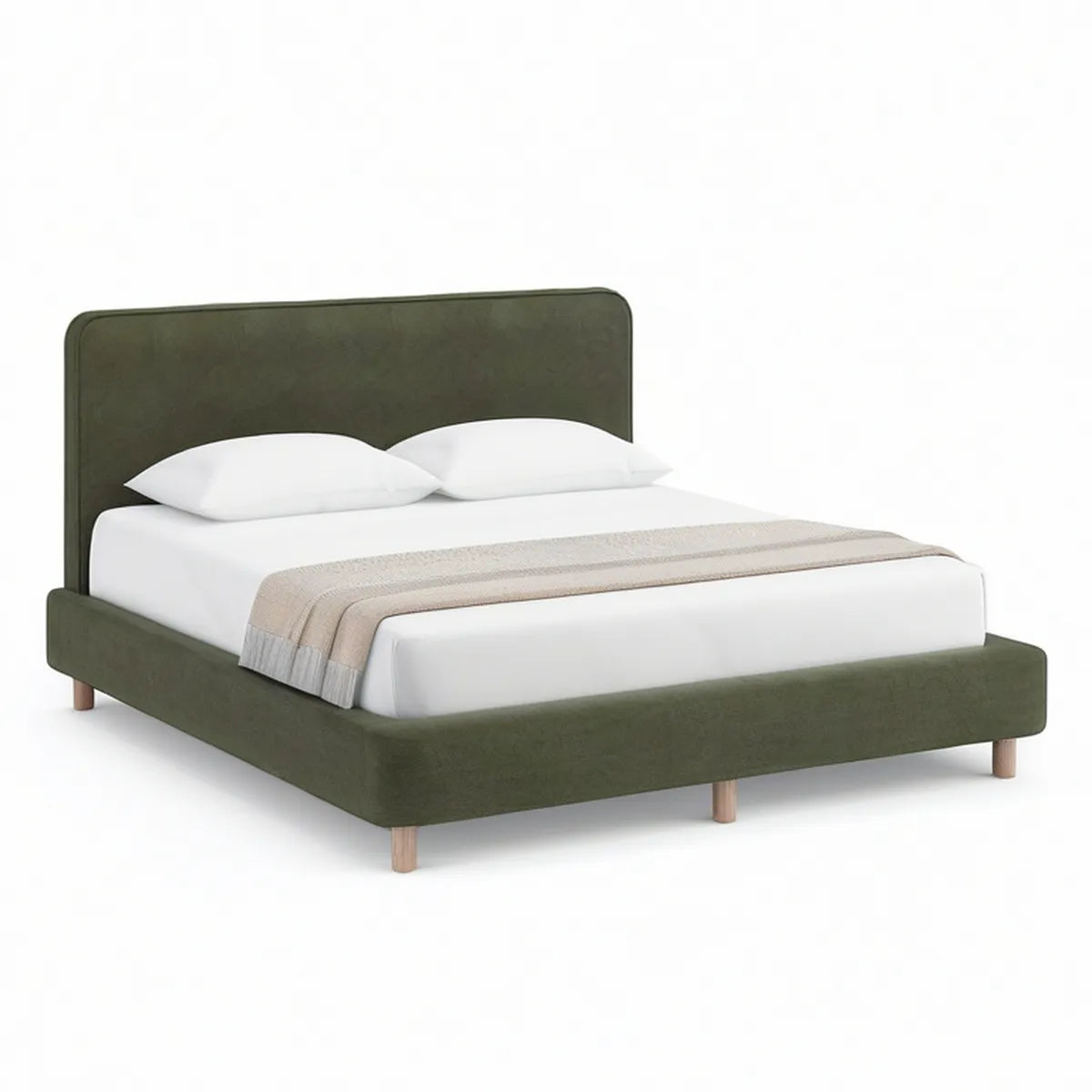 Queen Upholstered Platform Bed Frame with Curved Headboard, Dark Green Velvet, 65 x 87 x 45 in
