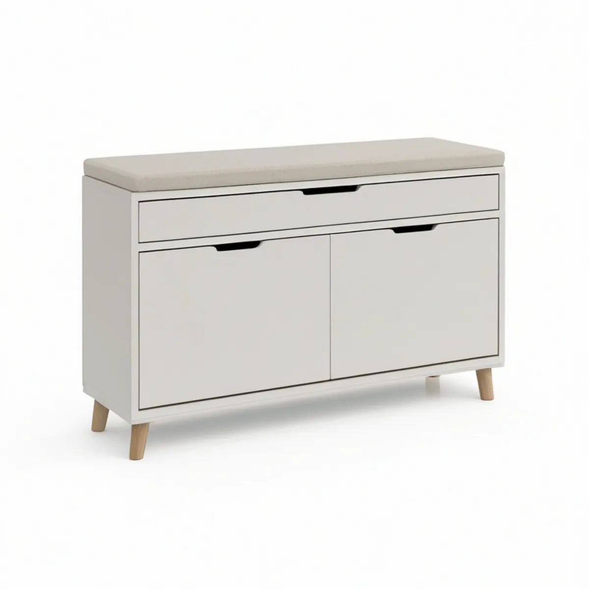 White Shoe Storage Cabinet with Light Gray Padded Seat and Natural Wood Legs, 31.5 x 11.8 x 19.7 in