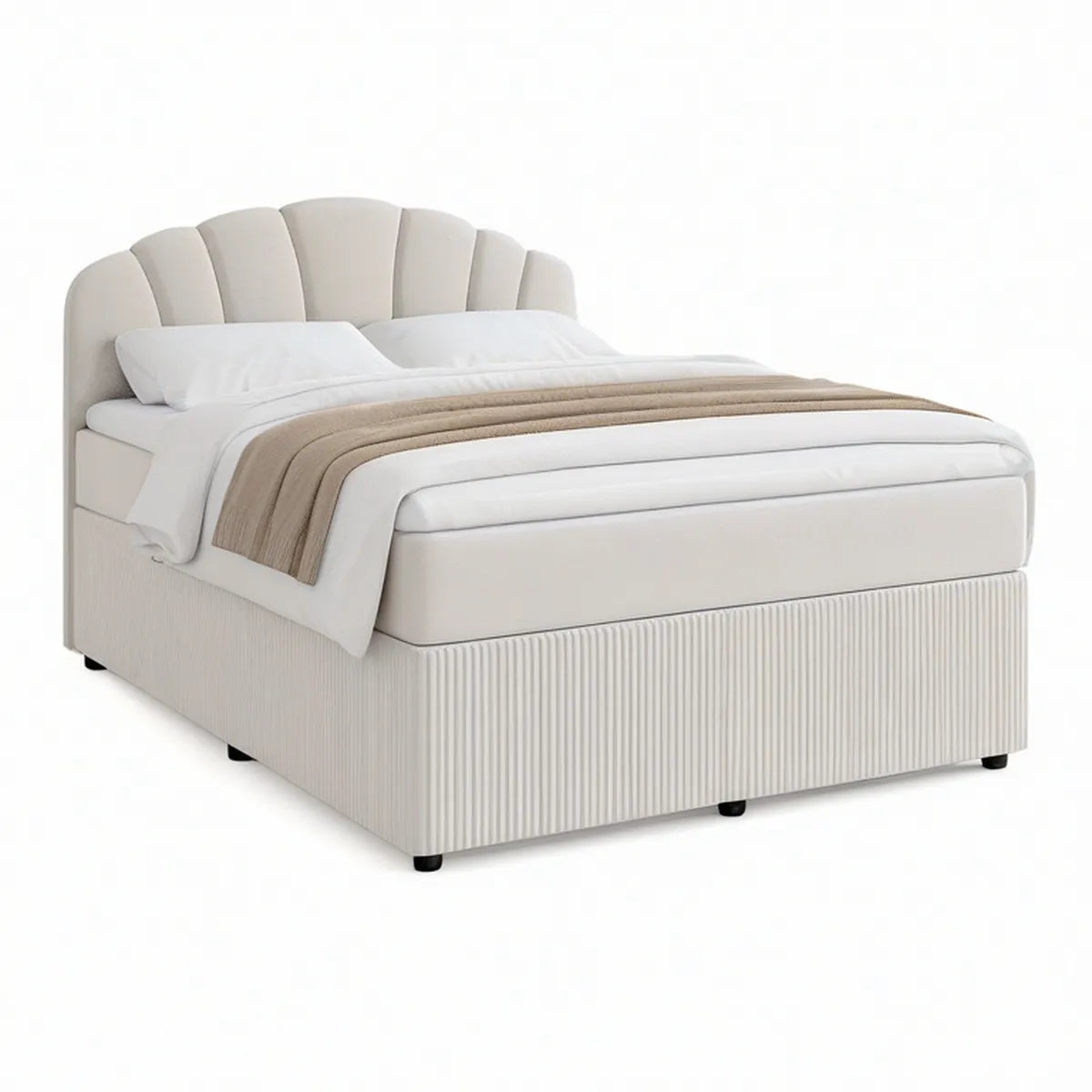 Queen Cream Upholstered Platform Bed with Curved Channel-Tufted Headboard, 65 x 87 x 52 in
