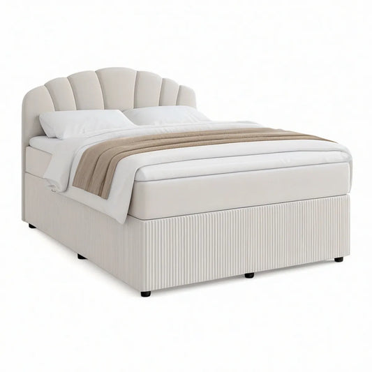 Queen Cream Upholstered Platform Bed with Curved Channel-Tufted Headboard, 65 x 87 x 52 in
