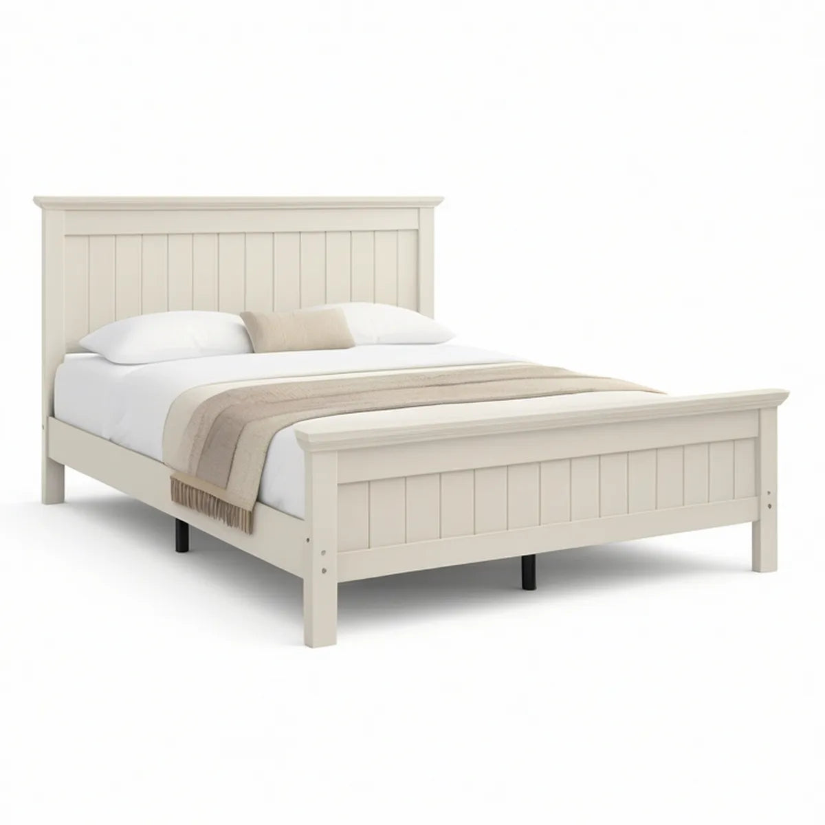 Queen Ivory Platform Bed Frame with Solid Rubberwood and MDF Panels, 64 x 85 x 52 in