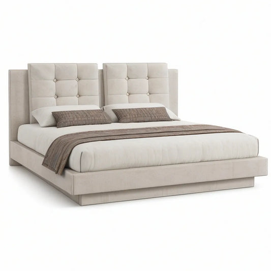 King Beige Upholstered Bed Frame with Button-Tufted Split Headboard, 86 x 90 x 60 in