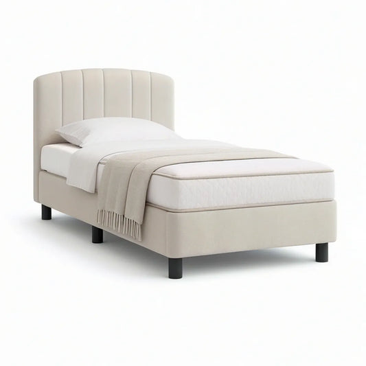 Twin Upholstered Platform Bed with Curved Channel-Tufted Headboard, Beige/Black, 41 x 80 x 48 in