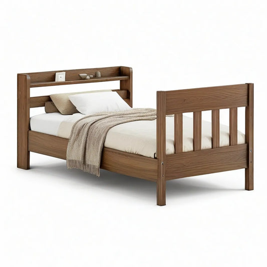 Twin Solid Rubberwood Bed Frame with Storage Headboard, Walnut Brown, 78 x 41.5 x 45.5 in