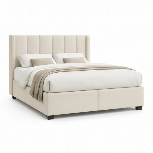 Queen Cream Upholstered Platform Bed Frame, 64 x 86 x 54 in