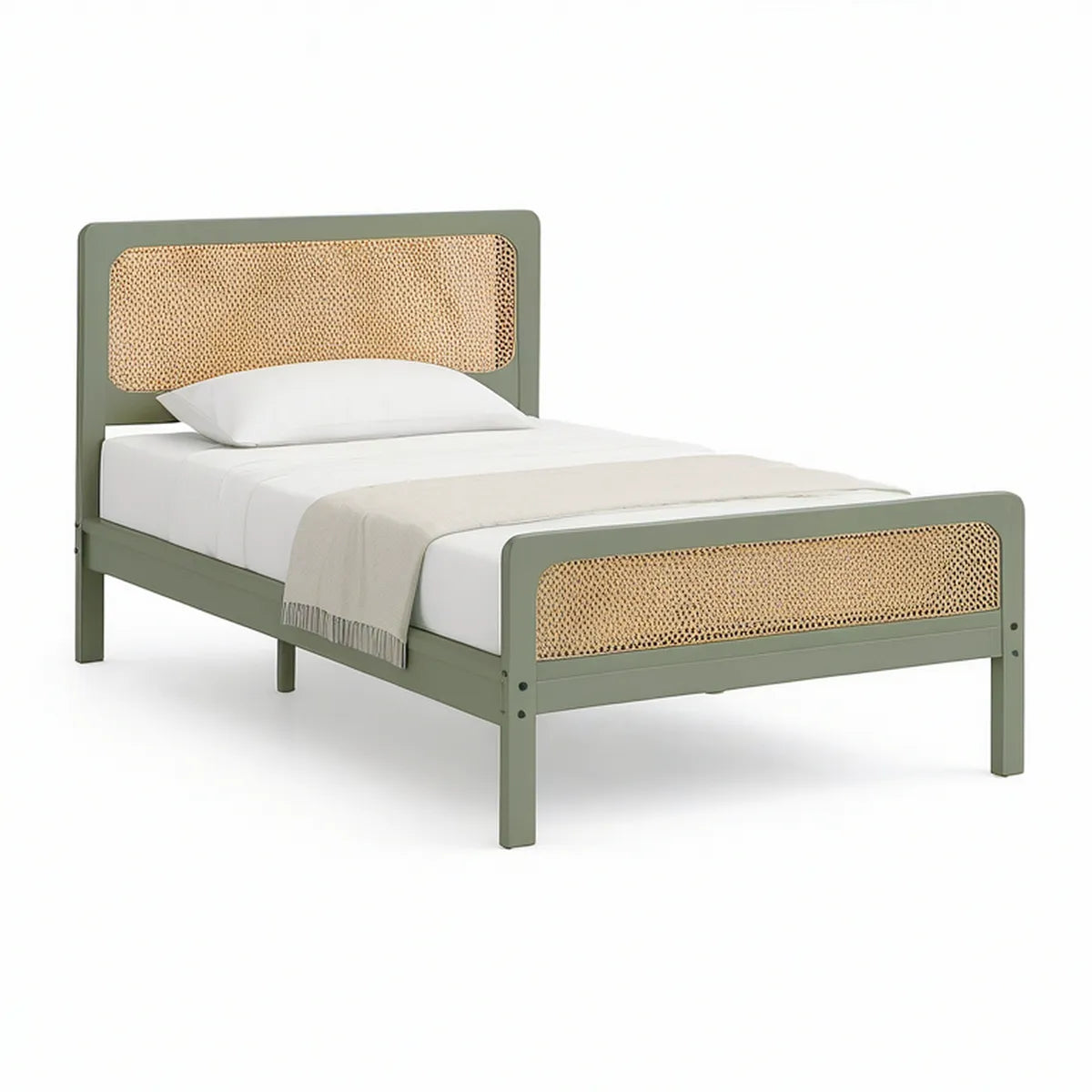 Twin Steel and PE Rattan Bed Frame, 41 x 78 x 47 in, Sage Green/Natural Beige