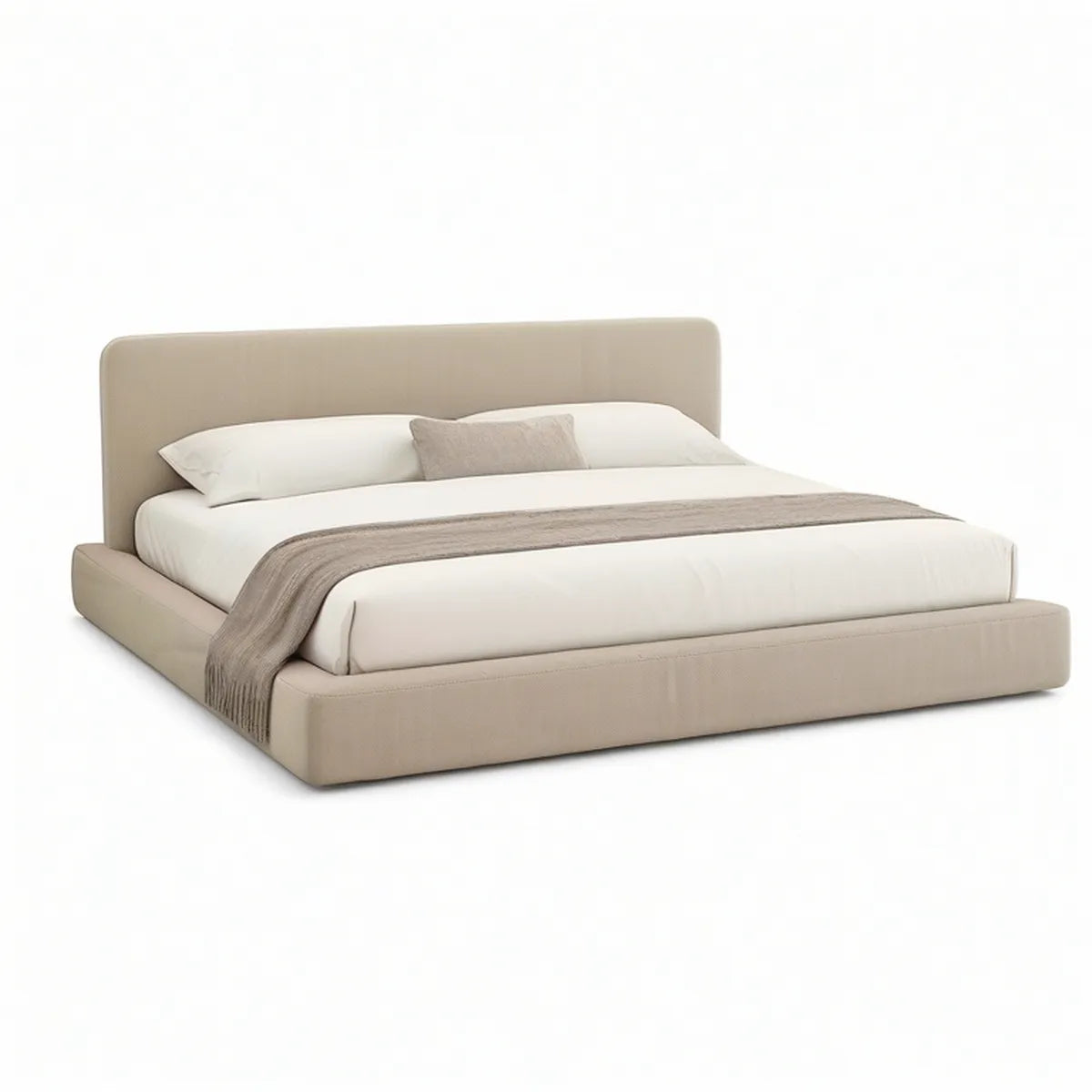 Queen Upholstered Platform Bed Frame, Beige Polyester, 89 x 66 x 42 in