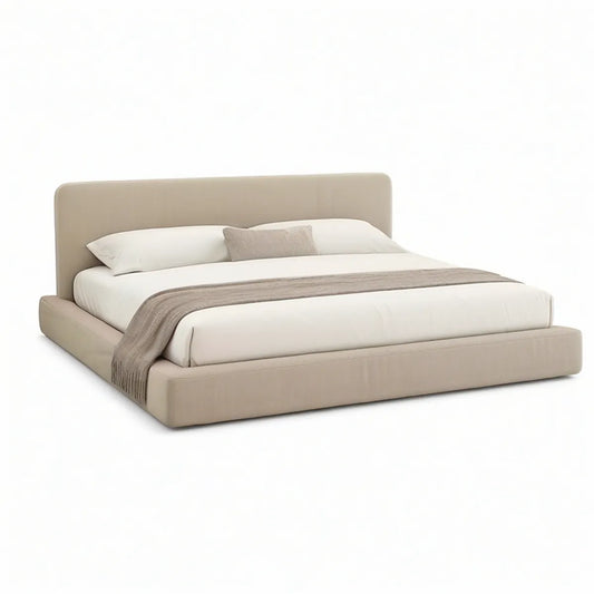 Queen Upholstered Platform Bed Frame, Beige Polyester, 89 x 66 x 42 in