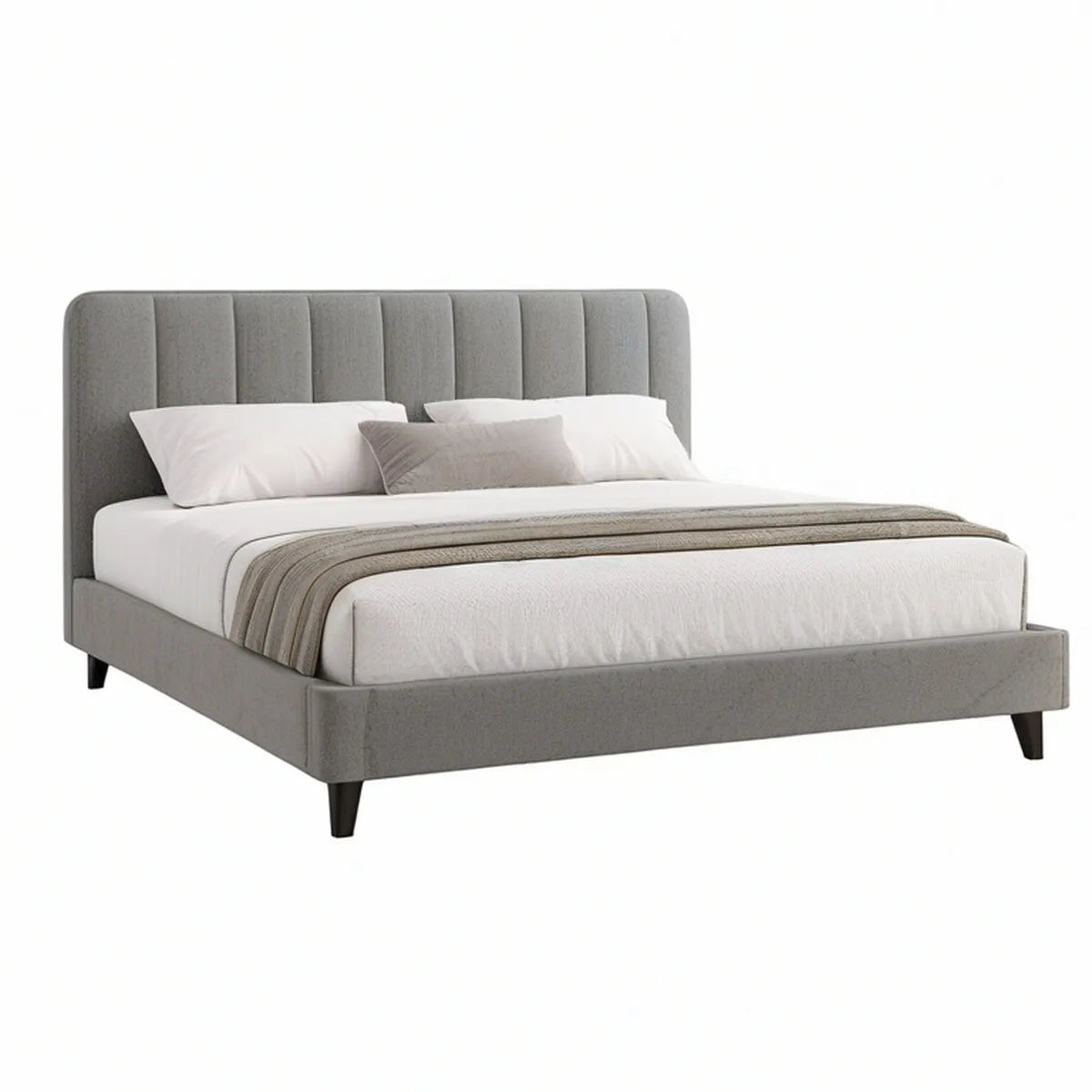 Queen Gray Upholstered Platform Bed Frame, 64.5 x 86 x 50 in, Polyester with Black Rubberwood Legs