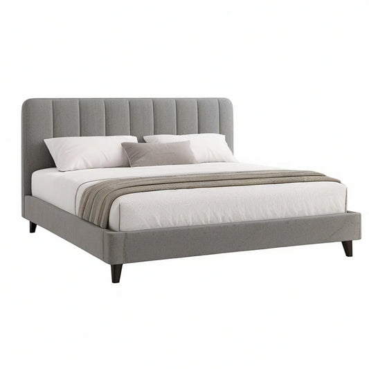 Queen Gray Upholstered Platform Bed Frame, 64.5 x 86 x 50 in, Polyester with Black Rubberwood Legs