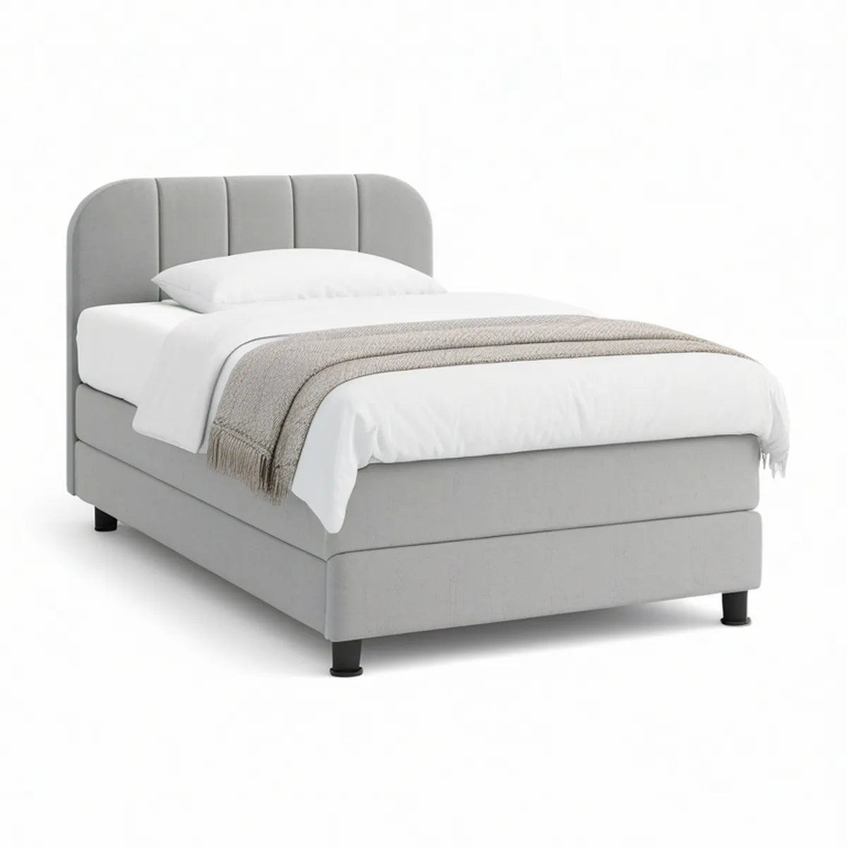 Twin Upholstered Bed Frame, 39 x 75 in, Curved Channel-Tufted Headboard, Gray/Black