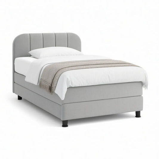 Twin Upholstered Bed Frame, 39 x 75 in, Curved Channel-Tufted Headboard, Gray/Black
