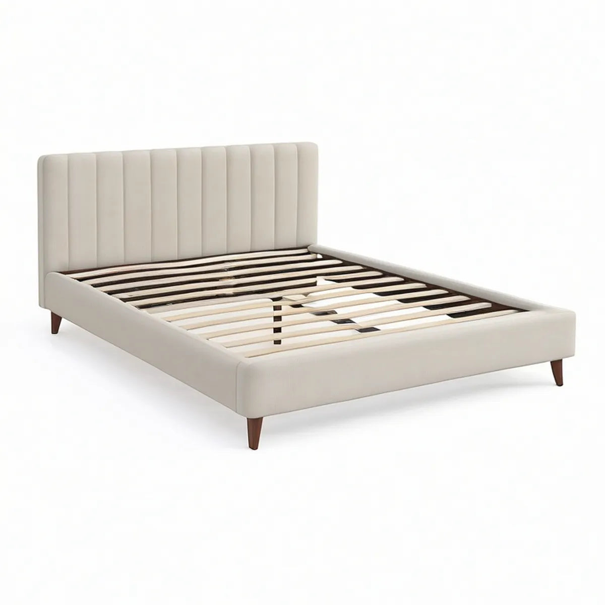 Queen Cream Upholstered Platform Bed Frame, 64 x 85 in, Vertical Channel Headboard, Brown Rubberwood Legs