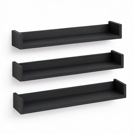 Set of 3 Black MDF Floating Wall Shelves, 15.7 x 4.3 x 3.9 in Each