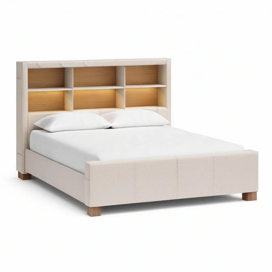 Queen Upholstered Platform Bed Frame with 6-Compartment Storage Headboard, Beige/Brown/Natural, 64 x 86 x 60 in