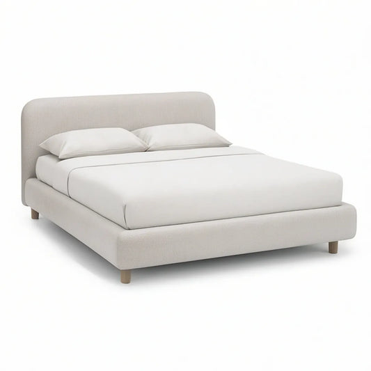 Queen Ivory Upholstered Platform Bed Frame with Headboard, 64 x 86 x 44 in