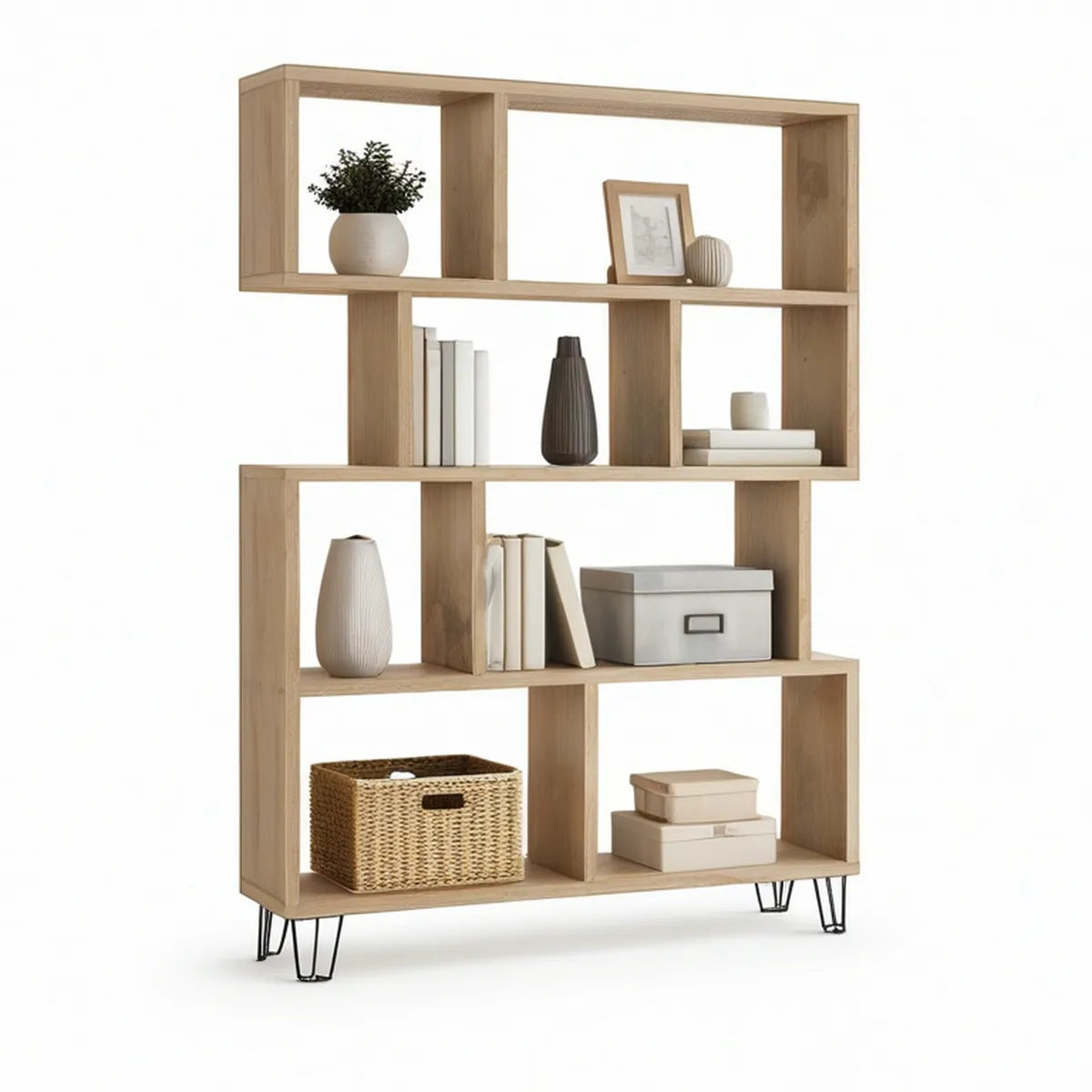 Freestanding 10-Cube Storage Shelf with Steel Hairpin Legs, Natural Oak/Black, 39.4 x 11.8 x 59.1 in