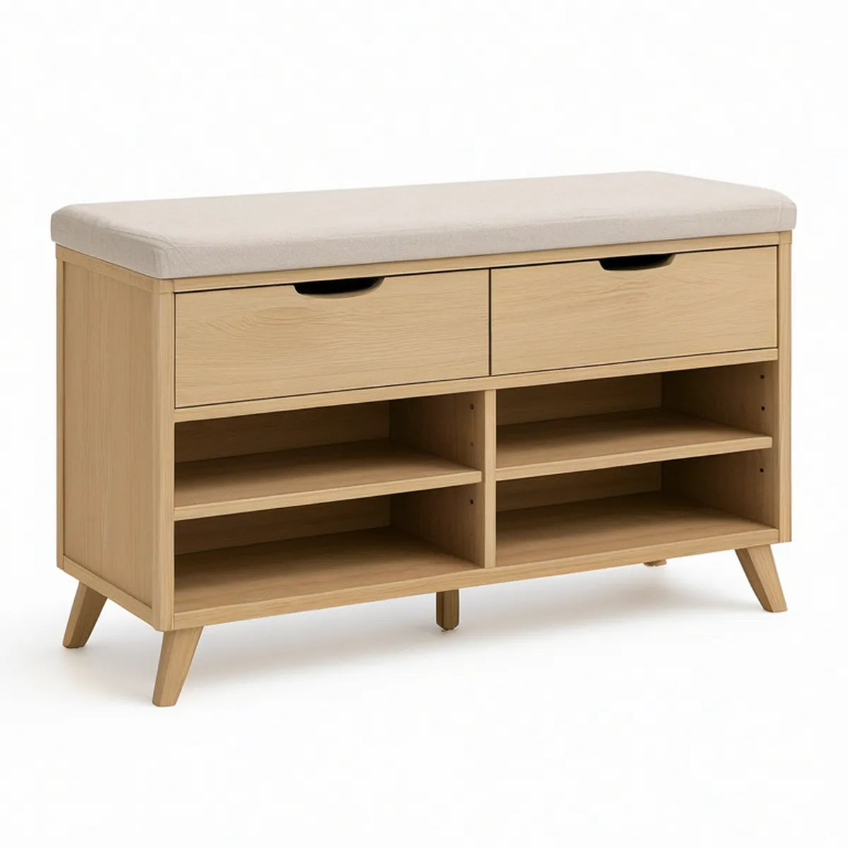 Natural and Beige Storage Bench with Cushion, 39.4 x 13.8 x 19.7 in, 2 Drawers and 4 Open Compartments