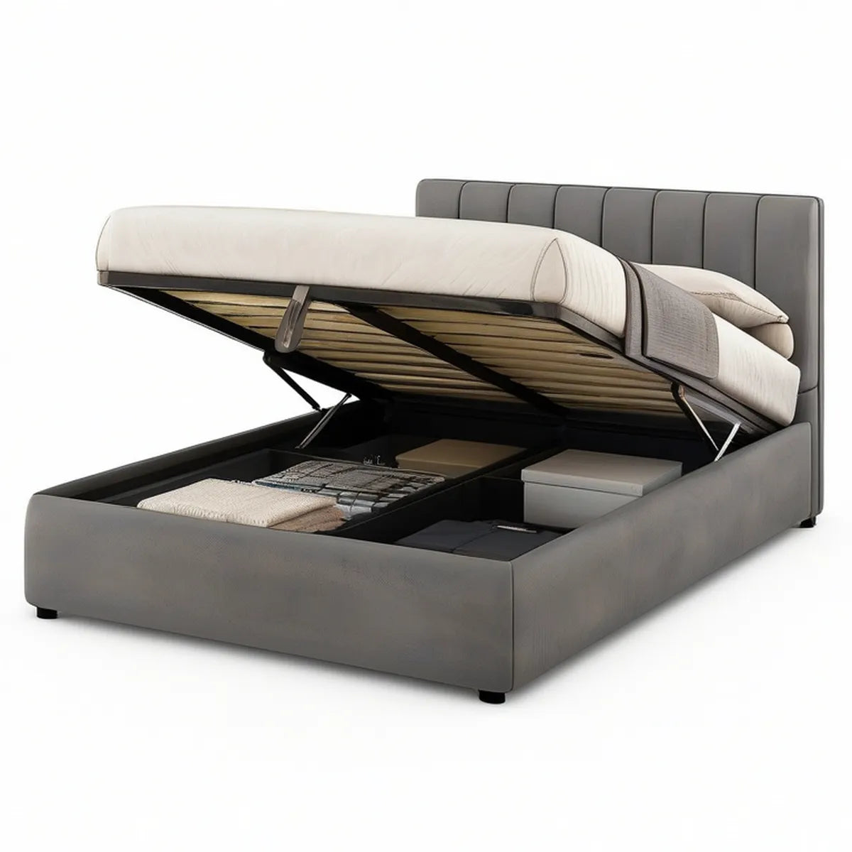 Queen Gray PU Leather Lift-Up Storage Bed Frame with Upholstered Headboard, 86 x 64 x 43 in