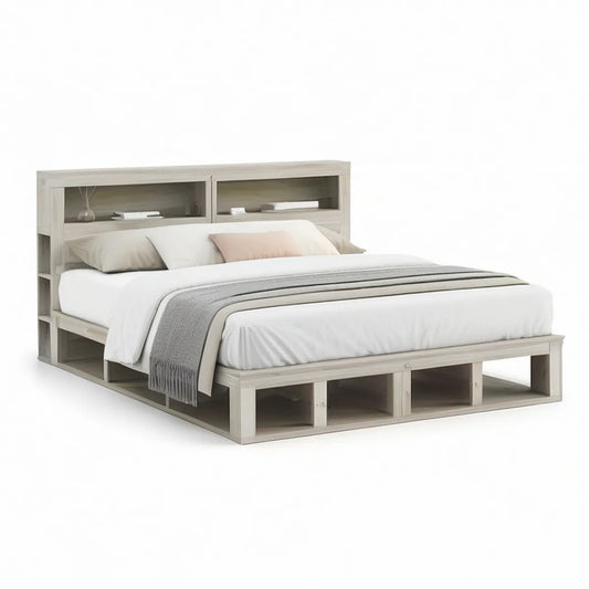 Queen Storage Bed Frame with Bookcase Headboard, Light Gray, 64 x 89 x 48 in
