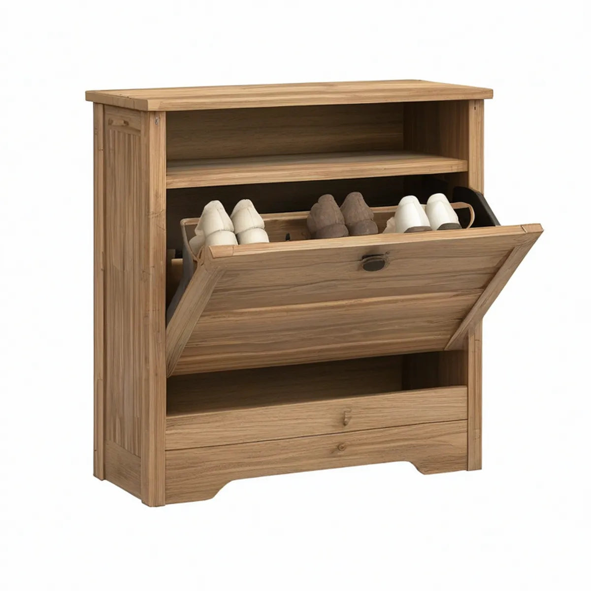 Natural Bamboo Shoe Cabinet with 2 Tilt-Out Drawers and Open Shelf, 31.5 x 11.8 x 39.4 in