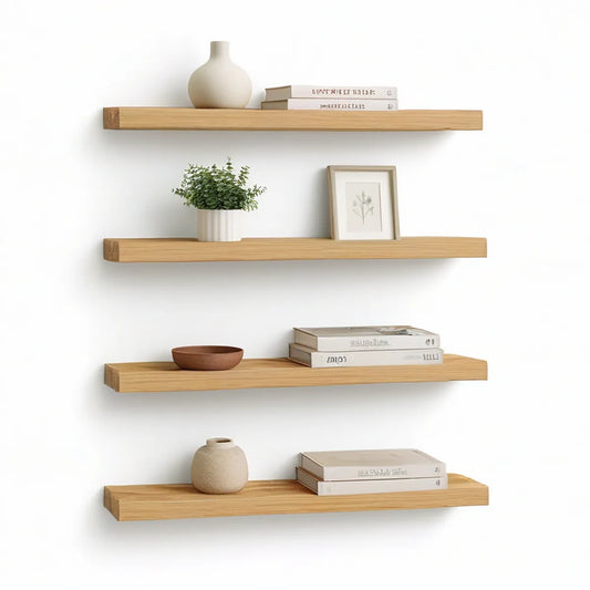 Set of 4 Natural Oak Floating Wall Shelves, 31.5 x 7.9 x 1.6 in