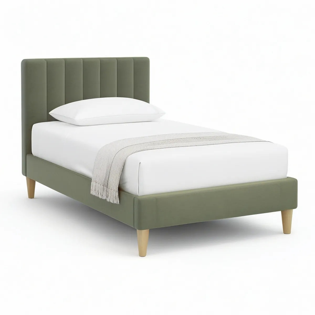 Twin Upholstered Bed Frame, Olive Green with Natural Legs, 41.5 x 80.5 x 45.3 in