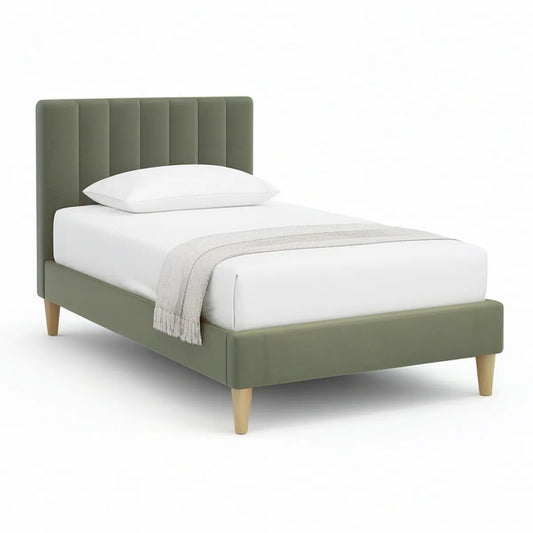 Twin Upholstered Bed Frame, Olive Green with Natural Legs, 41.5 x 80.5 x 45.3 in