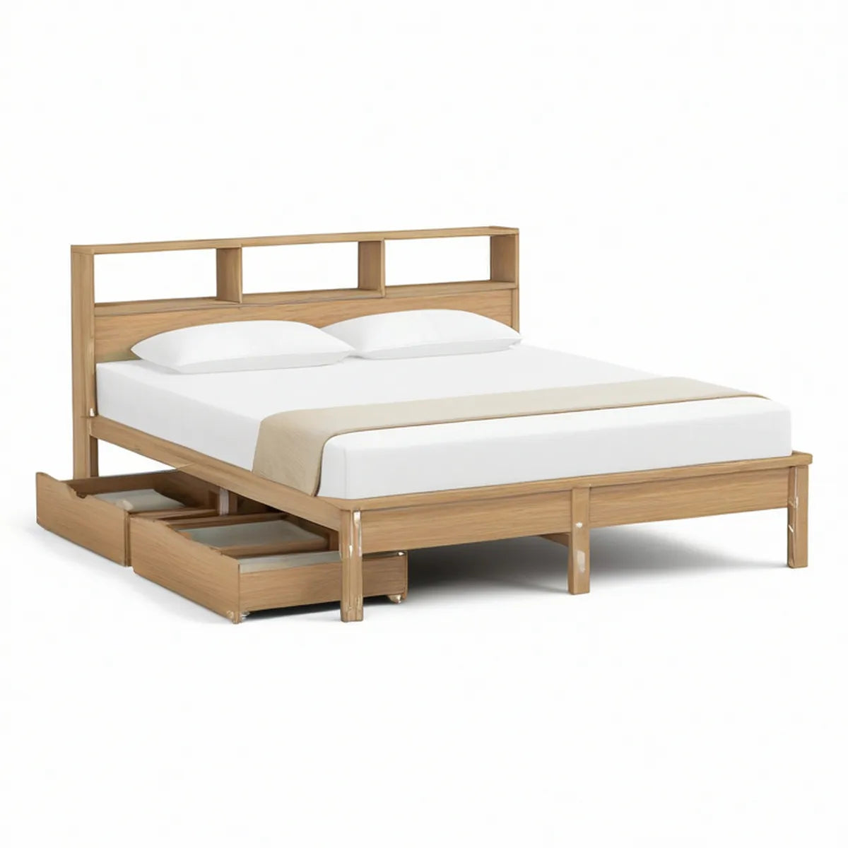 Queen Natural Oak Storage Platform Frame with Bookcase Headboard, 64 x 88 x 50 in