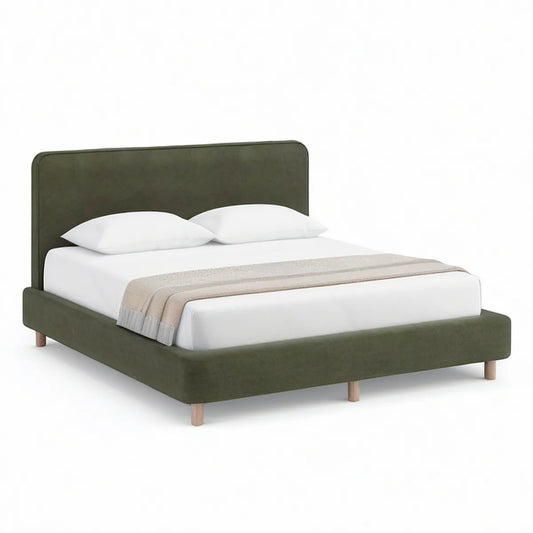 Queen Upholstered Platform Bed Frame with Curved Headboard, Dark Green Velvet, 65 x 87 x 45 in
