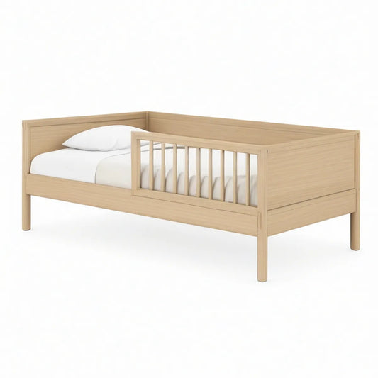 Natural Solid Pine Wood Toddler Bed Frame with Safety Rails, 53.5 x 29.5 x 30 in